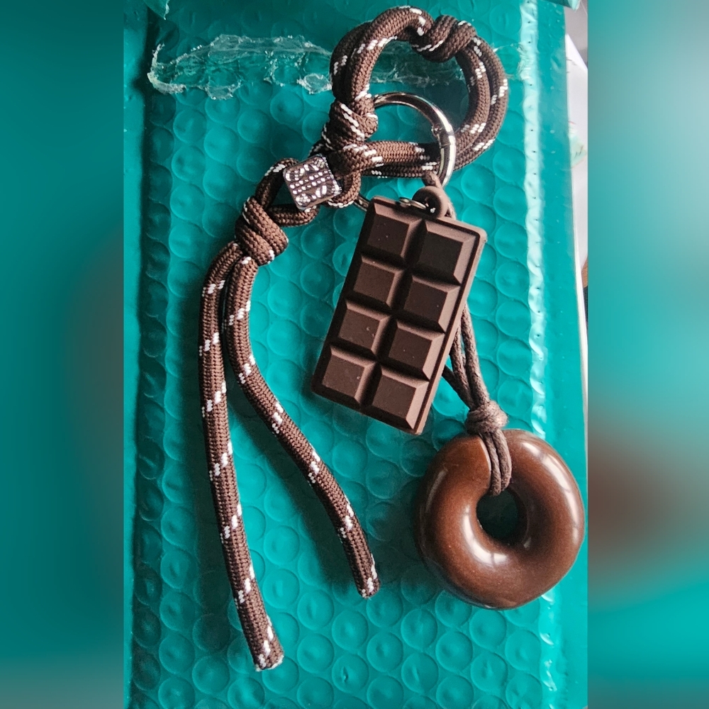 Chocolate Sweet Theme Brown & White Keychain with Donut a& Chocolate Charms-NWOT